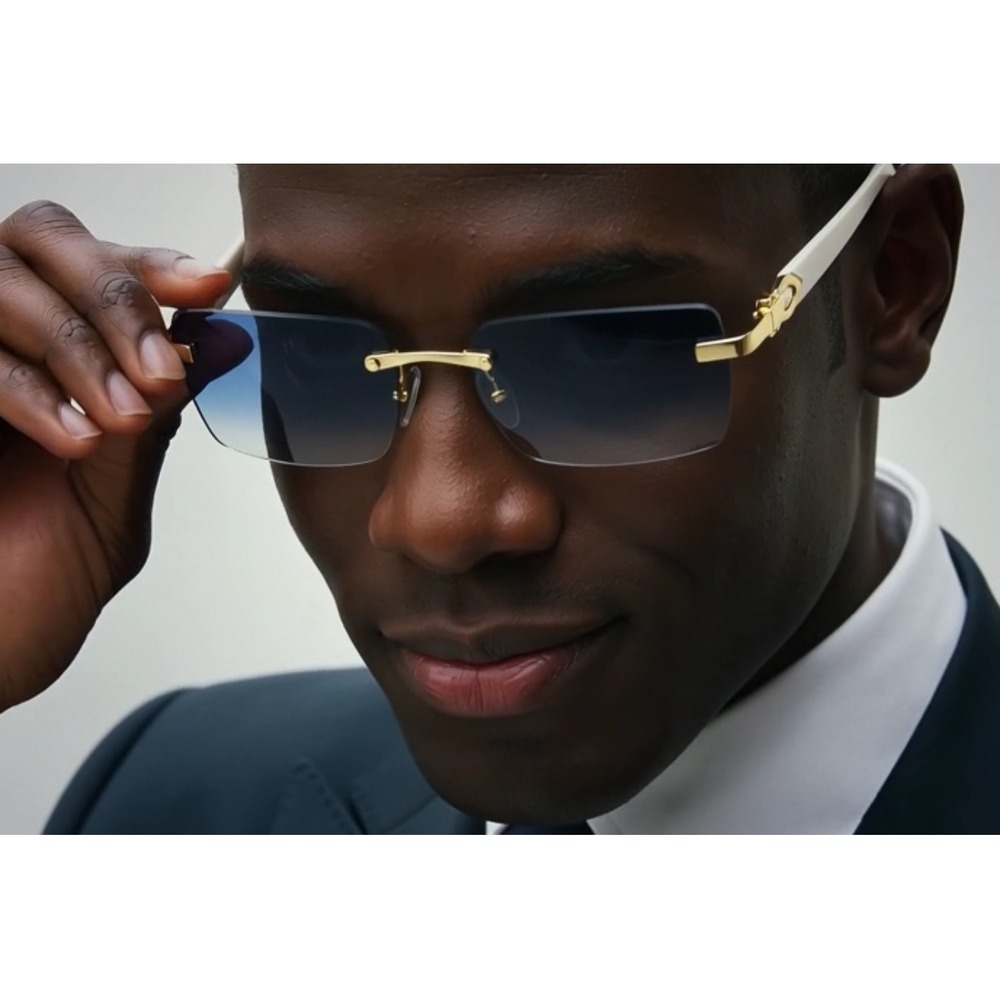 Mens Rimless Rectangle Sunglasses Blue Gradient Lens Gold White C-Decor Frame